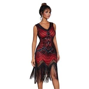 Women's Vintage Black Red Dress Formal Evening Bridal Prom Party Fringe Beaded L